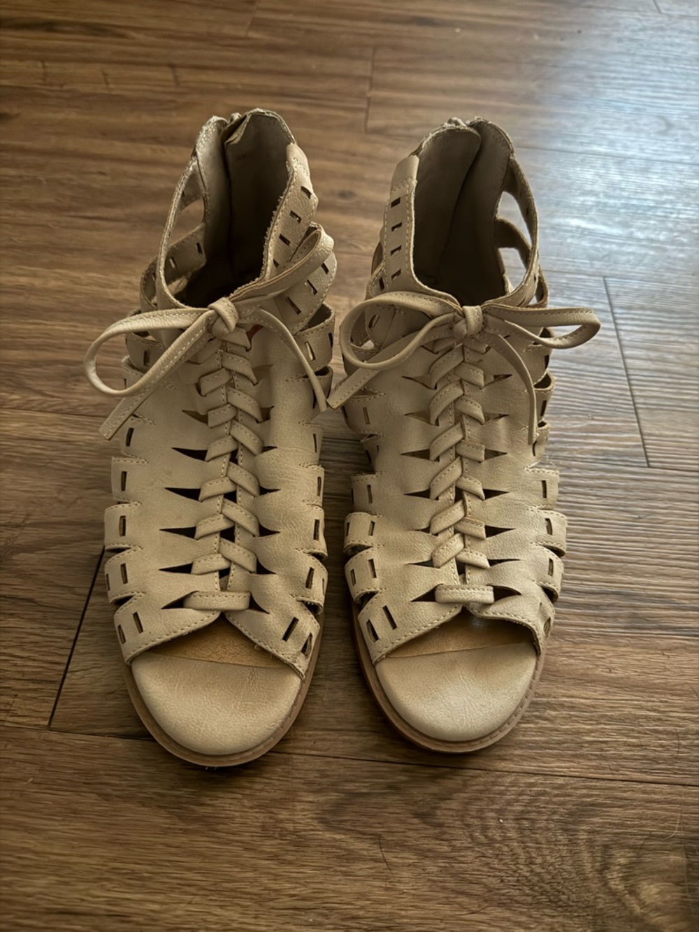 GB girls Beige Woven Lace-Up Dress Sandals